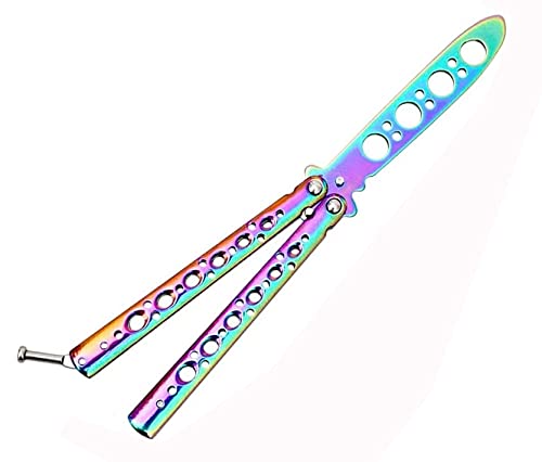 Lerkely Titanium Butterfly Knife Trainer - Unsharpened Bailisong for Martial Arts Training and Flipping Tricks - Rainbow Folding Design