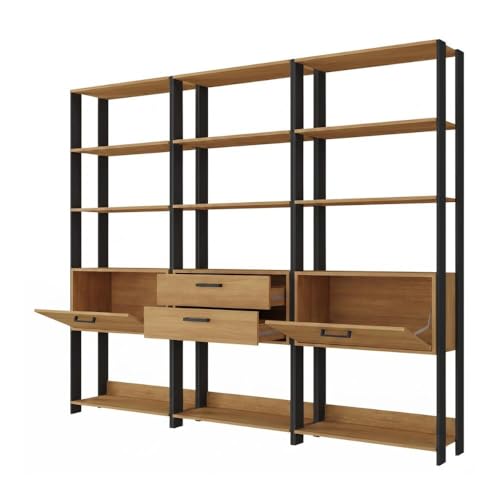Multimóveis Estante de Escritório Modulada Texas MP6060 com 12 Prateleiras 2 Portas 2 Gavetas 219cm Preto/Madeirado