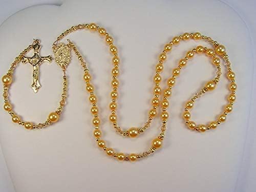 Gold Pearl Rosary 21 1/4" Womens Handmade Catholic Golden Czech Glass Pearls Madre Las Mujeres Catolica Rosario