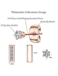 Tiny Stud Pendientes para mujer, chapado en oro de 14 quilates, plata de ley 925, pendientes de barra con circonita cúbica brillante (3 pares)