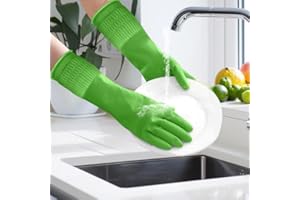 Rubber Gloves for Cleaning with Long Cuffs Waterproof Dishwashing Household Gloves with Grip for Kitchen Bathroom (Green,S)