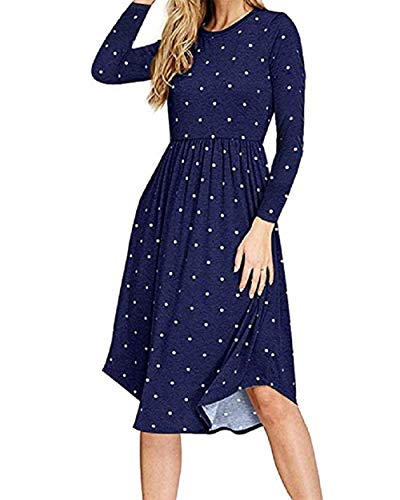 PRIMODA Women Pleated Polka Dot T-Shirt Dress Empire Waist Casual Midi Dress with Pocket Short Sleeves Long Sleeves Knee Length Dresses(Dark Blue-Long-S)