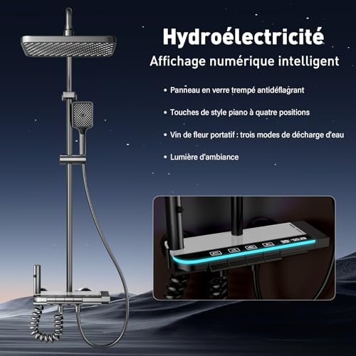 Koeutoze Thermostatic Shower Column with LED Digital Display, Rain Shower System with Hand Shower Head and Waterfall Faucet, Adjustable Height (Grey)