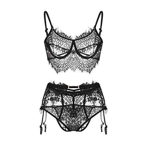 Women Lace Trim Lingerie Set with Bra Panty Garter Belt and Stockings