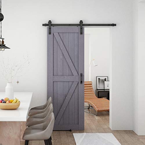 Genius Iron Gray 30inx84in Barn Door with 5FT Sliding Door Hardware Kit & Flush and Pull Set & Floor Guide, Pre-Drilled Ready to Assemble Environmental Solid Fir Wood Single Door Panel, K-Frame - Thumbnail 2
