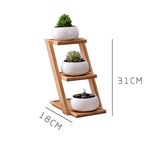 Youfui White Ceramic Succulent Plant Pot, Planter for Succulent Plants, Small Cactus and Herbs with Bamboo Tray (Round White with Stand)