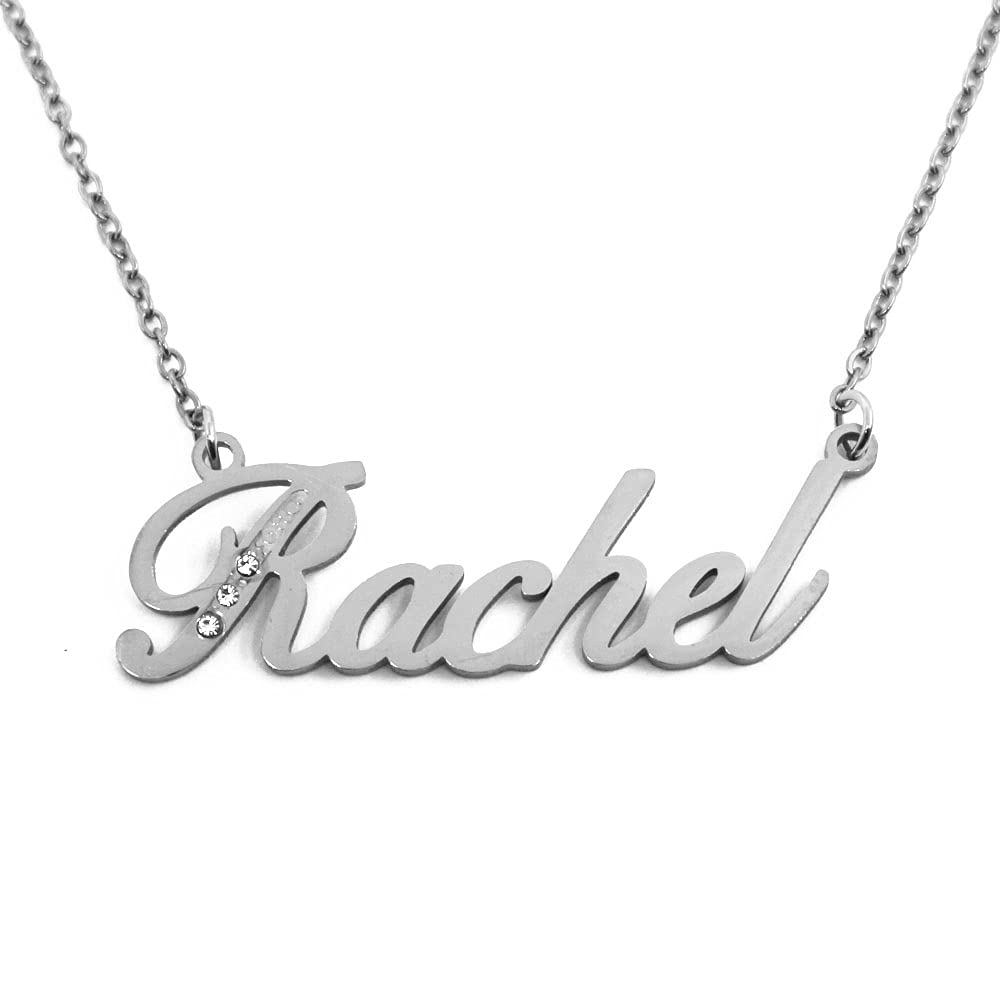 Kigu Name Necklace Rachel - Silver Tone - Custom Name Necklace - Personalised Jewellery for Ladies- Customised Jewellery for Girls- Custom Pendant Rachel