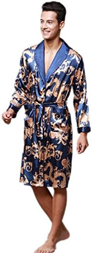 Nyeutho Men's Short Kimono Robes Chinese Dragon and Phoenix Pattern Silk Bathrobe for Travel or Spa