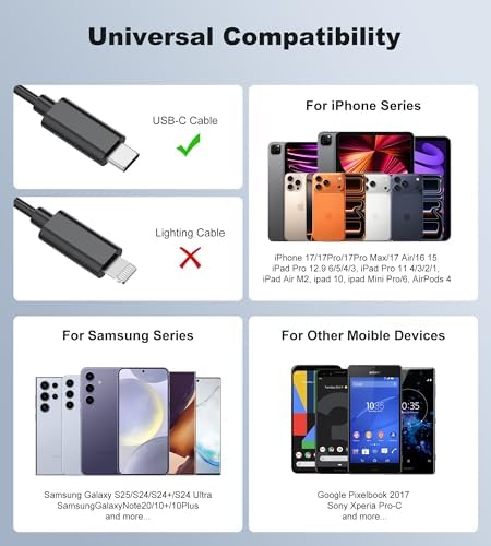 Carregador de Carregamento Rápido de 45W para Samsung Galaxy S25/S24/S23/S23+/S23 Ultra/S22/S21/S20/Note20/10/9/8/A73/A53/S10, iPhone 17/16/15 com cabo 2M, Cabeça de Adaptador USB C Carregador Rápido Preto