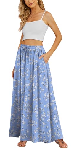 Yincro Womens Maxi Flowy Casual Skirt (Blue White Flower, L) at Amazon