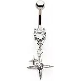 14GA 316L Stainless Steel CZ Crystal Pointed Cross Dangling Belly Button Ring