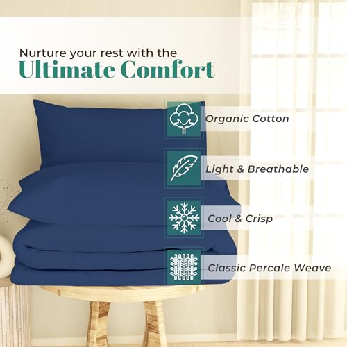 Purity Home 100% Organic Cotton King Size Duvet Cover Set Navy 230x220 cm, 3-Pieces Bedding, Soft Finish & Low Pilling, Cool & Crisp Feel, Quilt Cover with Secure Button Closure, Corner Ties