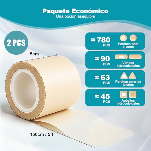 Cinta Hydrocolloid Roll 1.5m x 2PCS, Vendajes de Parches Hidrocoloides 5cm con Autoadhesivo, Ultra Absorbente, Cortable a Medida, Flexible y Impermeable, Kit Esencial de Primeros Auxilios
