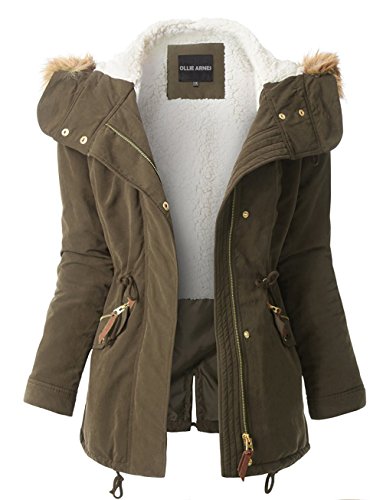 OLLIE ARNES Women's Quilted or Inner Fur Lined Sherpa Anorak Down Parka Jacket 103_Olive L