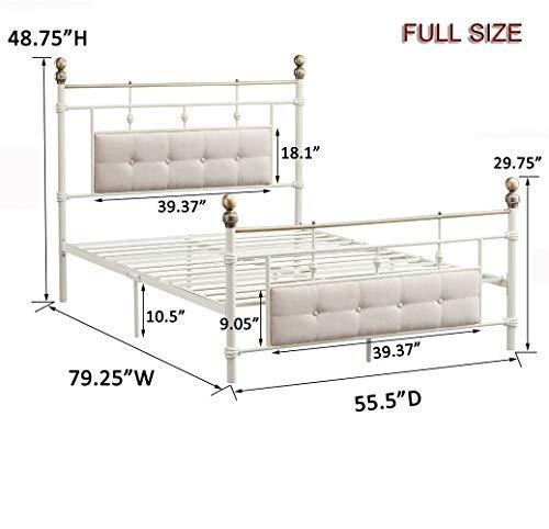 O&K Furniture Ivory-White Modern Metal Platform Bed Frame with Elegant Upholstered Headboard and Footboard, Noise Free (Full Size)