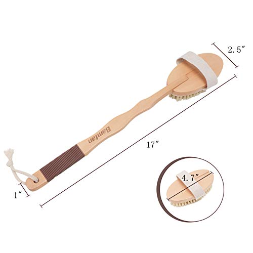 Bath Brush for Dry Skin Body Exfoliator Brushing - with Wood Long Handle and Anti-Slip Rubber for Shower - Thumbnail 6
