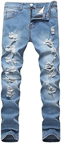 Men's Blue Slim Skinny Fit Distressed Ripped Elastic Tapered Leg Denim Jeans