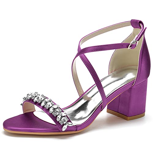 Women Mid Block Heel Rhinestone Bridal Sandals Open Toe Ankle Strap Chunky Heel Shoes for Party Evening Wedding,Purple,10