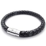 KONOV Black Leather Mens Bracelet Stainless Steel Clasp, 8mm - 7.5