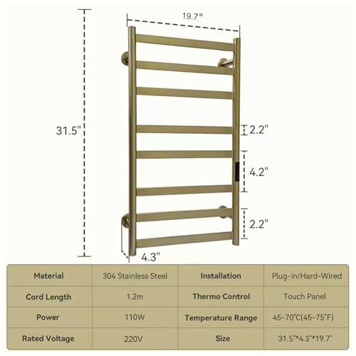 DUDYP Electric Towel Dryer with 1-8H Timer, Heated Towel Rail with Temperature Control, 8 Bars Matte Black Wall Mounted Heated Drying Rack, Hardwired