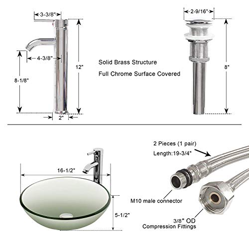 UTRAHOME Bathroom Vessel Sink Bowl Combo - Clear Crystal Tempered Glass with Faucet Pop Up Drain Single Hole Above Counter Lavatory Vanity Top Brass Hardware Chrome Finsh 16.5 Water Sense - Thumbnail 3