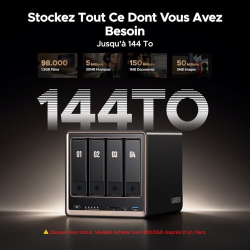 UGREEN NASync DXP4800 GT Stockage NAS 4 Baies, Double LAN 10GbE, CPU AMD Ryzen Embedded R2514, 8 Go RAM, Support ECC, Slot SD, Double M.2 NVMe, HDMI 4K, Centre de Surveillance (sans disques)