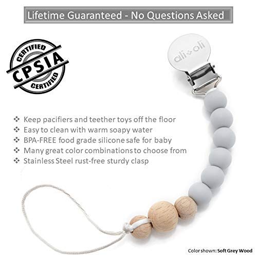 Modern Pacifier Clip for Baby - 100% BPA Free Silicone Beads (Soft Grey Wood) Binky Holder for Newborn - Infant Baby Shower Gift - Universal fit MAM - Philips Avent