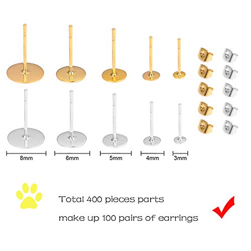 OBSEDE 200 Pieces Stainless Steel Earrings Posts Flat Pad (5 Size) with 200 Pieces Earring Plugs Backs for Earring Making Findings, Total 100 Pairs, Golden and Silver Color