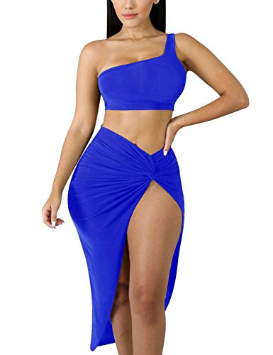 Tocebe Women's Sexy 2 Piece One Shoulder Crop Top Front Slit Ruched Midi Club Dress, Small, RoyalBlue