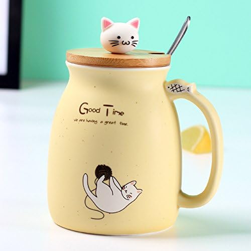 New sesame cat heat-resistant cup color cartoon with lid cup kitten milk coffee ceramic mug children cup office gifts (Yellow)