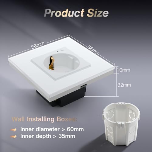 BSEED Smart Plug with Glass, WiFi Wall Plugs with Energy Meter, Remote Control and Timer, Neutral Cable Required, 1 WiFi Plug with Measurement, 86 mm White
