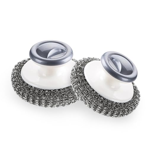 2Pcs Stainless Steel Scrubber with Handle, Steel Wool Scrubber Tool for Cleaning Dishes, Scrubbing Scouring Brush Pad for Kitchen Pots, Pans, Sink
