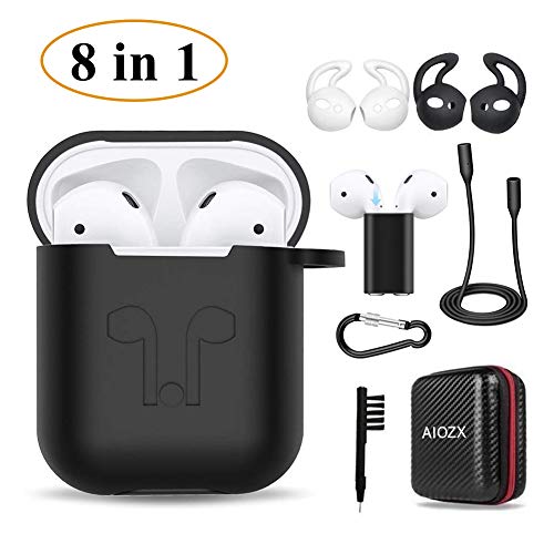 Airpods Case,AIOZX 8 in 1 Airpods Accessories Set Protective Silicone Cover Skin EVA Box Compatible Apple Airpods with Holder/Anti-Lost Strap/Cleaning Brush/Ear Hooks (Black Box&Black Case)