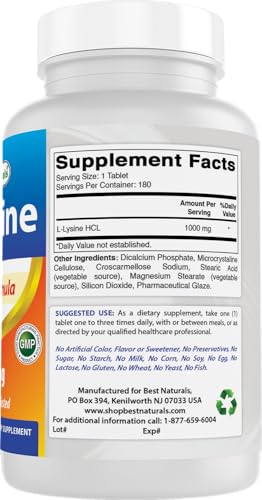 Best Naturals L-Lysine 1000mg 180 Tablets - Double Strength Lysine for stronger immune health & cold sores