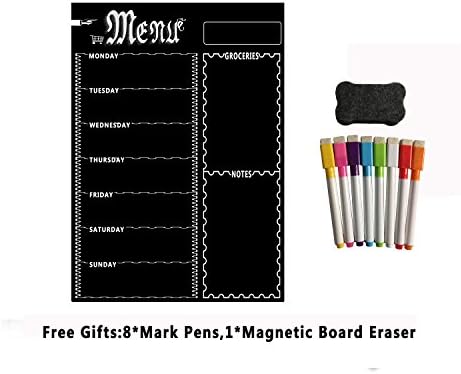 Magnetic Refrigerator Chalkboard,Weekly Menu, Meal Planner, Grocery Shopping List, Dry Erase Board, for Kitchen Fridge (16inchx12inch) (Black)