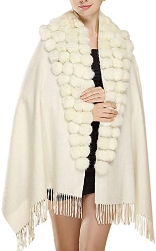 QYQS Women's Exotic Design 100% Pashmina Rabbit Fur Pom Ball Soft Scarf Wrap Shawl (Creamy White)