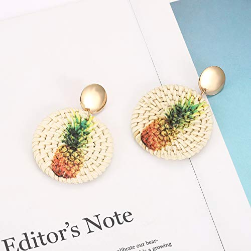 CEALXHENY Rattan Earrings Straw Wicker Braid Earrings Tropical Fruit Print Drop Dangle Earrings Handmade Statement Earrings for Women Girls (Pineapple)