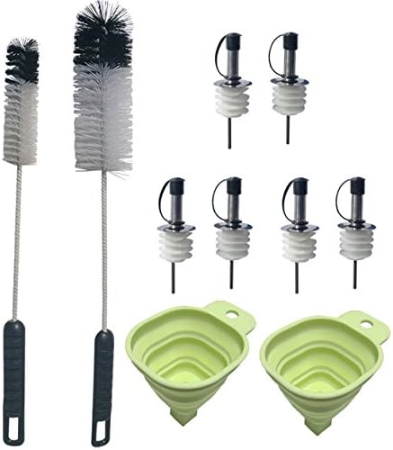Condello Casa Bottle Homebrew Kit: Cleaning Brush Set Long Handle Thin Cleaner, 2 Kitchen Funnels, 6 Silicone Stainless Steel Spout Pourer Stoppers with Straw Dispenser, Dust Cap for Wine, Liquor, Oil