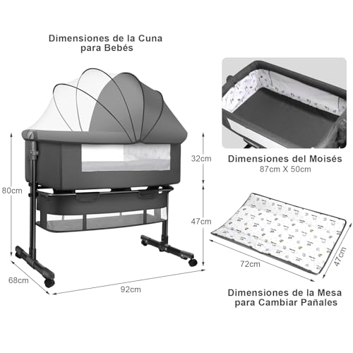 LICBOX Cuna Colecho, Catres con Cesta de Almacenamiento Grande, Mesas de Pañales, Colchones, Mosquiteras, Ruedas Giratorias de 360 Grado, Altura Ajustable, Cuna Portatil Bebe Fácil de Monta