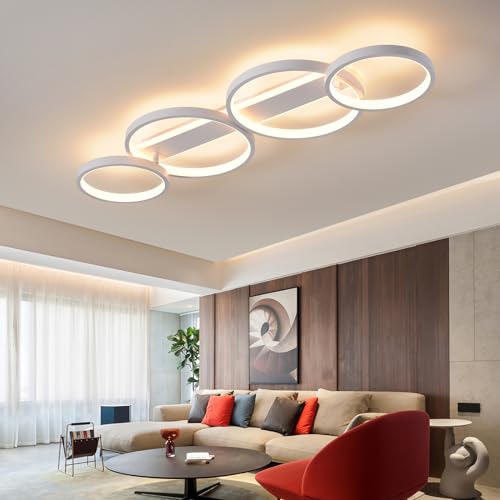 Modern LED Ceiling Light, 48W 3000K-6500K, 4 Rings Round Design Bedroom Lighting, Interior Decorative Light with Remote Control APP Dimmable, Chandelier Lamp for Living Room, Office, Kitchen, Hallway