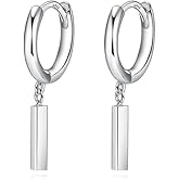 Reffeer Solid 925 Sterling Silver Bar Drop Hoop Earrings for Women Teen Girls Minimalist Bar Hoop Earrings Huggie