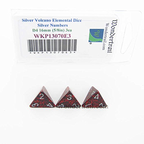 Silver Volcano Elemental Dice Silver Numbers D4 16mm Pack of 3 Wondertrail WKP13070E3