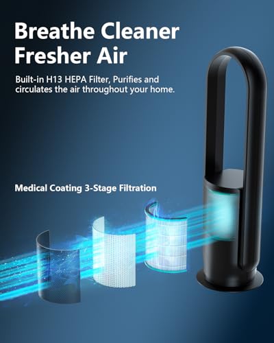 U ULTTY Bladeless Tower Fan and Air Purifier in one, Quiet Tower Fan with Remote, Touch, 9 Speeds, 8H Timer, HEPA Filter 99.97%, 90° Oscillation Fans, Floor Fans Powerful for Home Office Room, Black