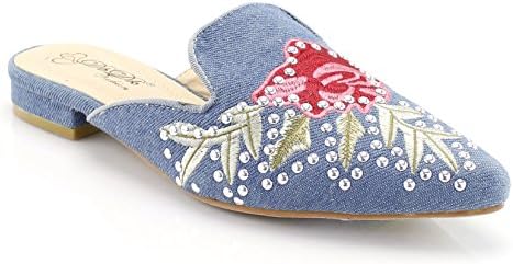 FOREVER VOGUE Women's Blue Denim Slip-On Mules With Floral Embroidery, 6 M US