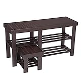 SONGMICS Bamboo Shoe Rack Bench with Stool for Kids, Set of 2 Shoe Racks, 3-Tier Heavy Duty Shoe Shelf, Entryway Storage Organizer for Hallway, Living Room, Brown ULBS20BR
