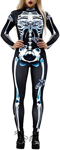 Fixmatti Women Halloween Costume Skeleton Print Bodycon Catsuit Jumpsuit