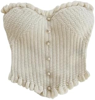トップス handmade random pearl knit vest GORGLITTER Women's Pearl Knit Crop Tops Beaded Asymmetrical Button