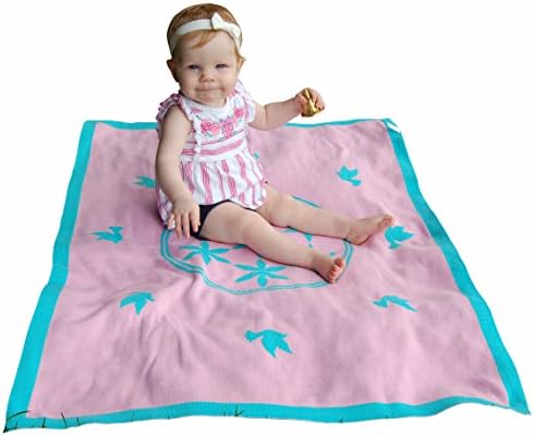 Newborn Baby Girl Gift -Cotton Baby Blanket, Nursery -Knitted, Unique, Teal & Pink by Wee Dreamers