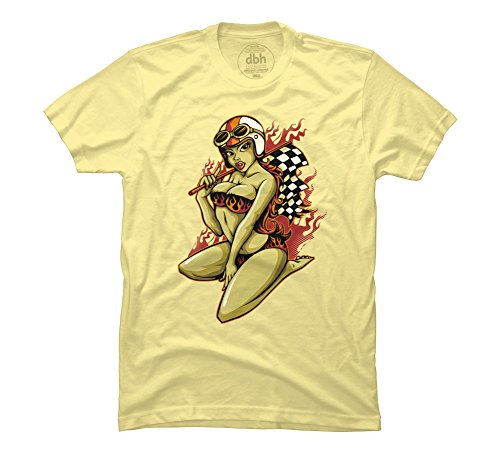 Hot Pin-Up Girl with Racing Flag Men's Large Banana Cream Graphic T Shirt