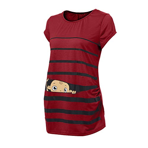 Woman Maternity T-Shirt,Stripe Baby Print Short Sleeve Ruched Side Top, Pregnancy Funny Fashion Style Blouse (Red, M)